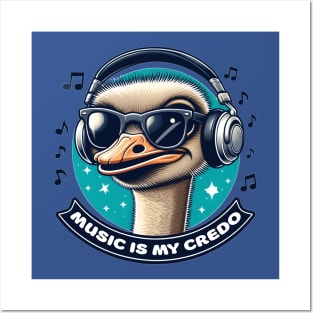 Music is My Credo, Ostrich in Blues, Greens, and Whites Posters and Art